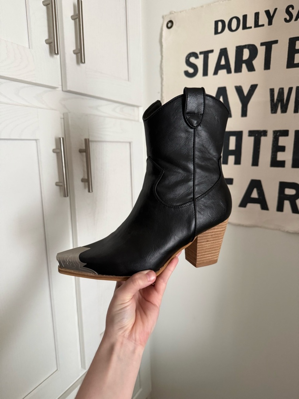 Black Western-Inspired Ankle Boot with Stacked Heel